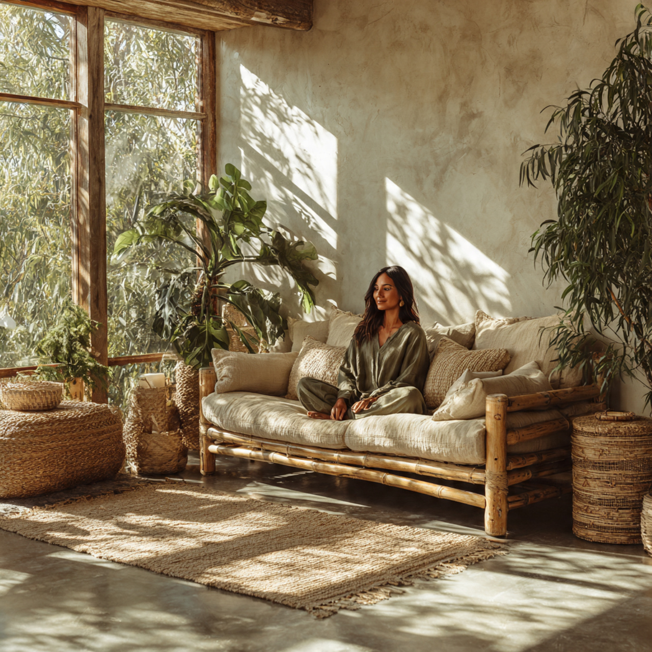 a warm and eco friendly living room with sustainab