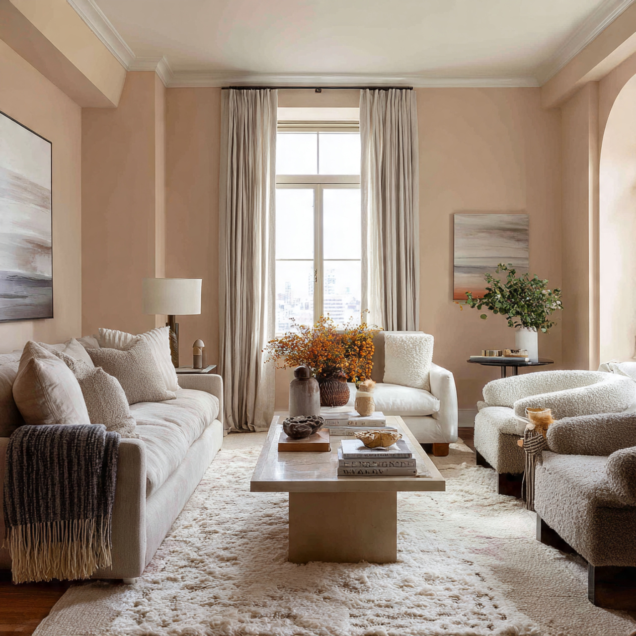 a warm and inviting living room with pale peach wa