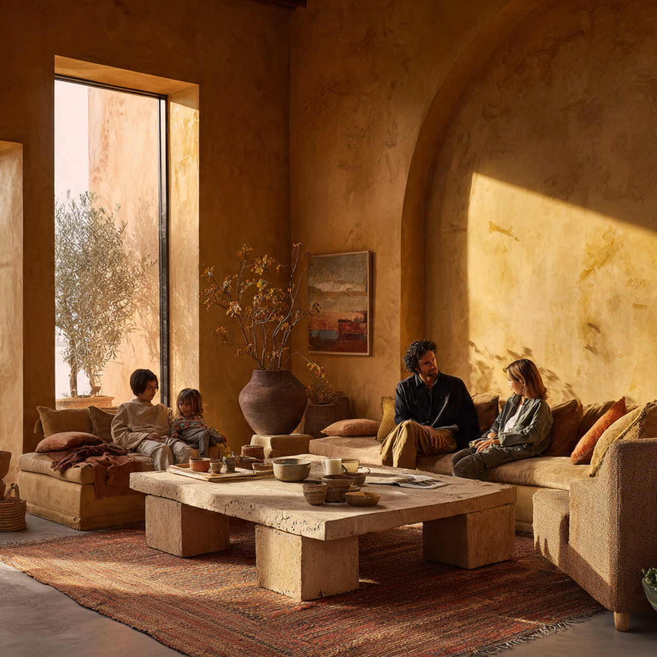 a warm earthy living room featuring warm ochre wal
