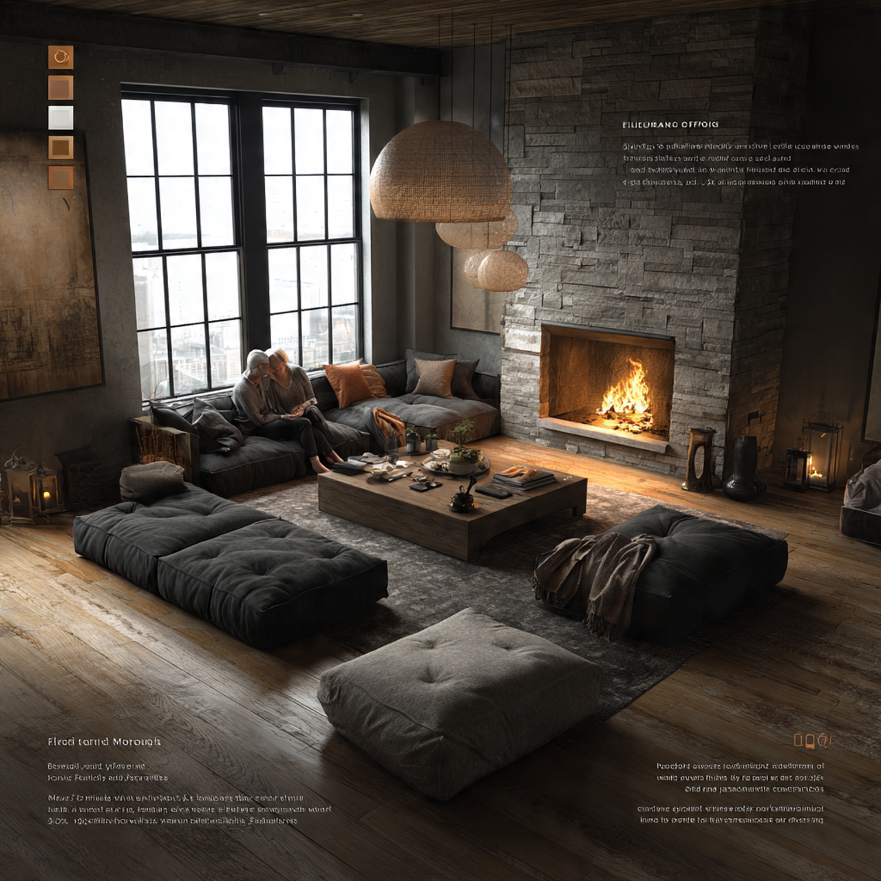 a warm living room centered around a fireplace fur