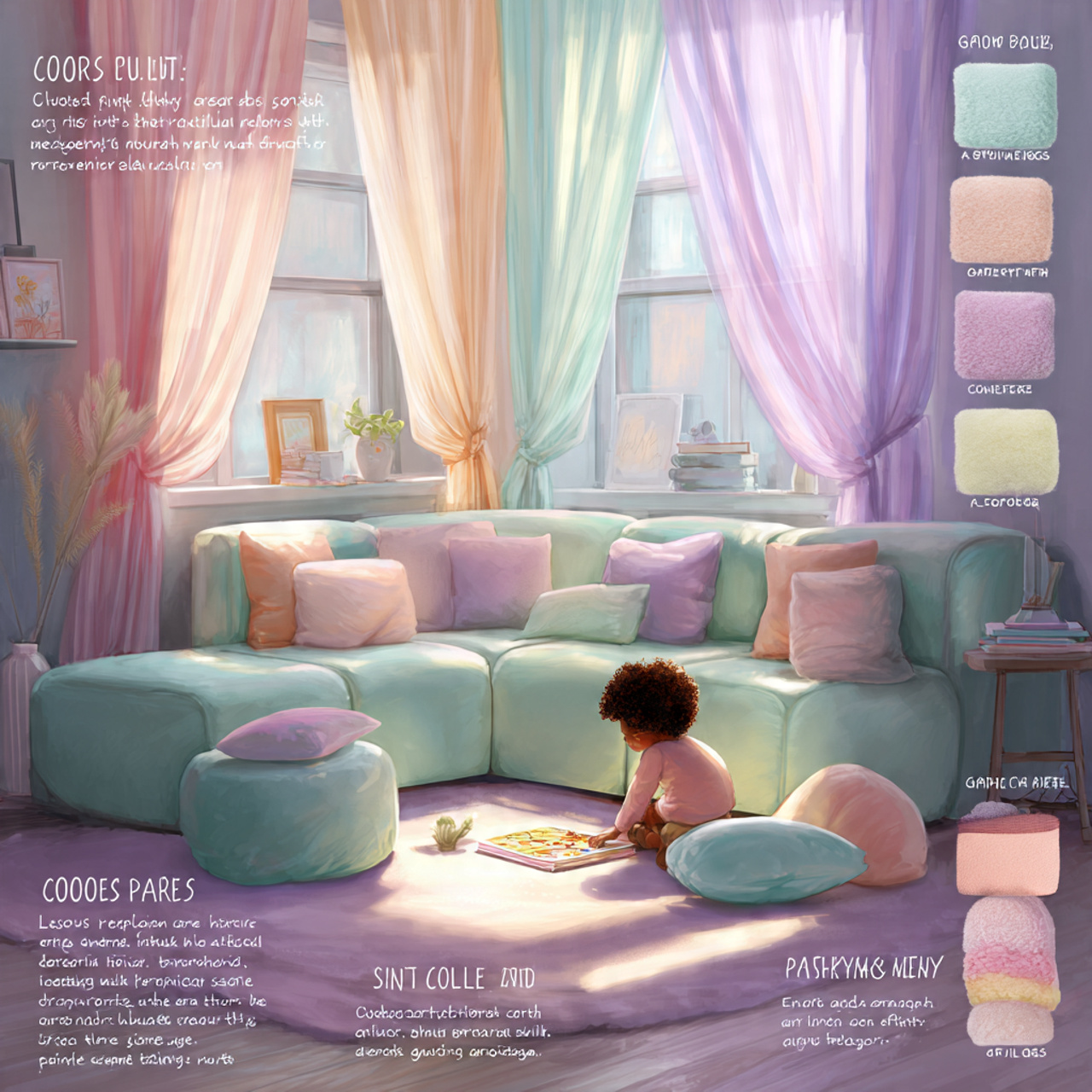 a whimsical living room in soft pastel colors like
