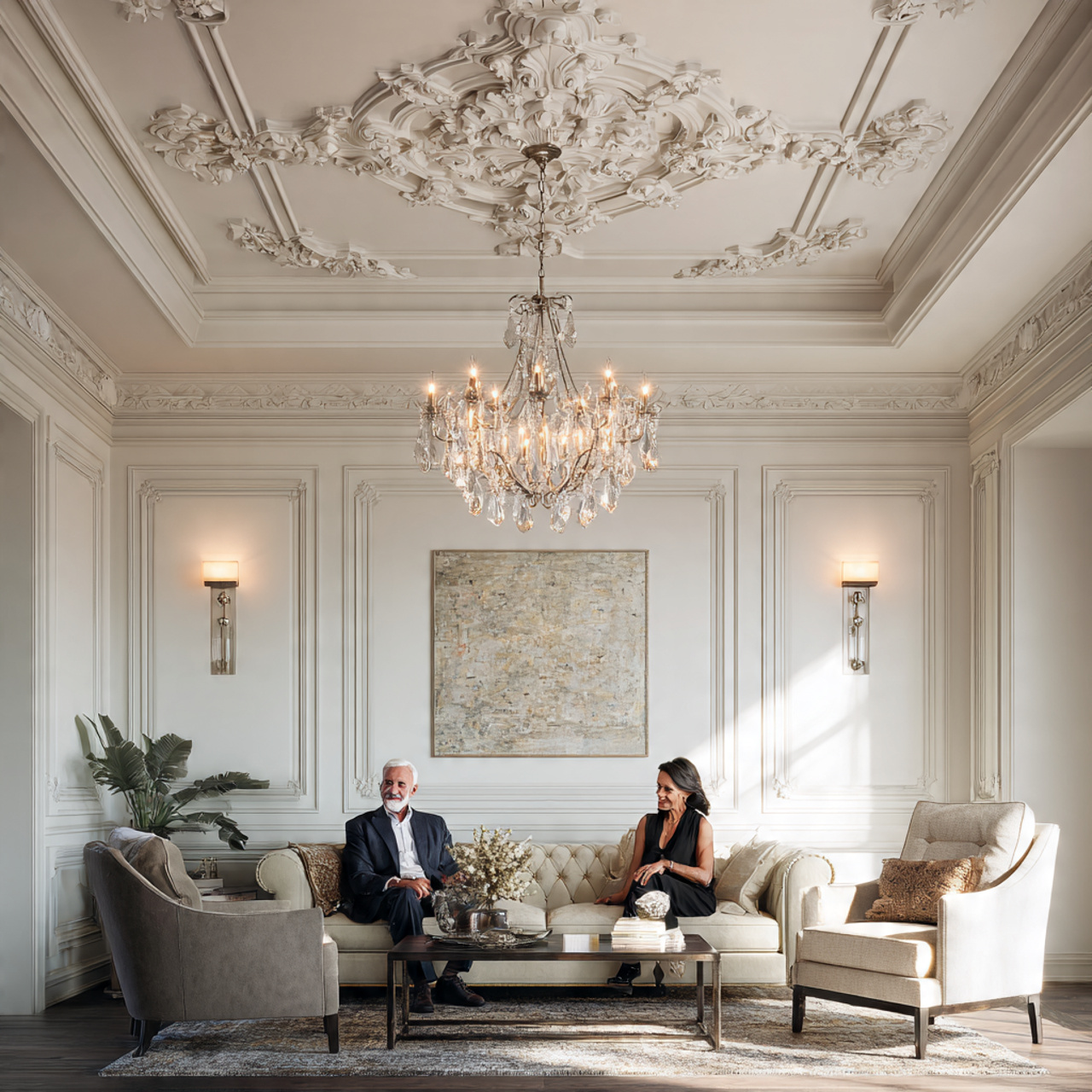 an elegant living room showcasing detailed ceiling