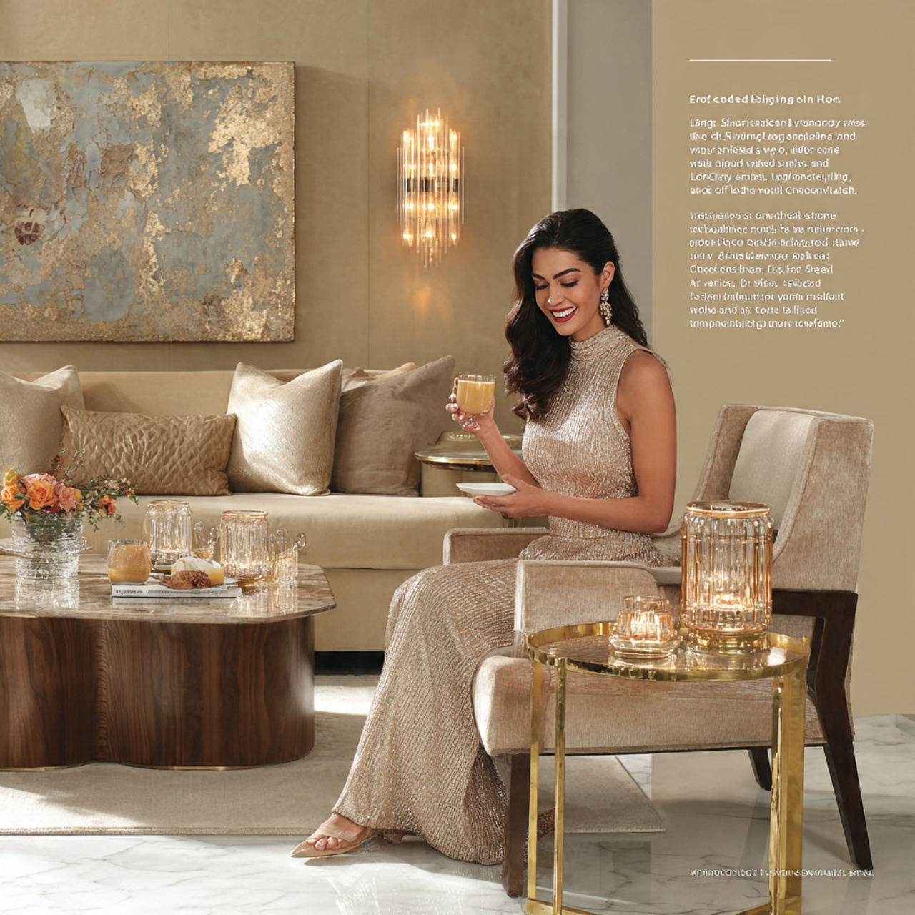 an elegant living room with champagne shimmer wall