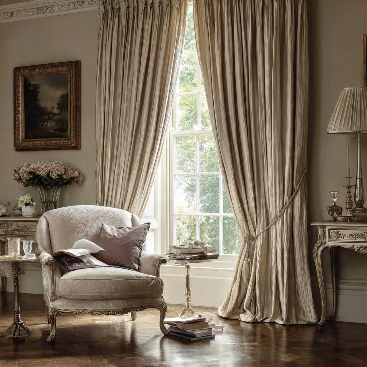 an elegant living room with classic pleated silk l 1