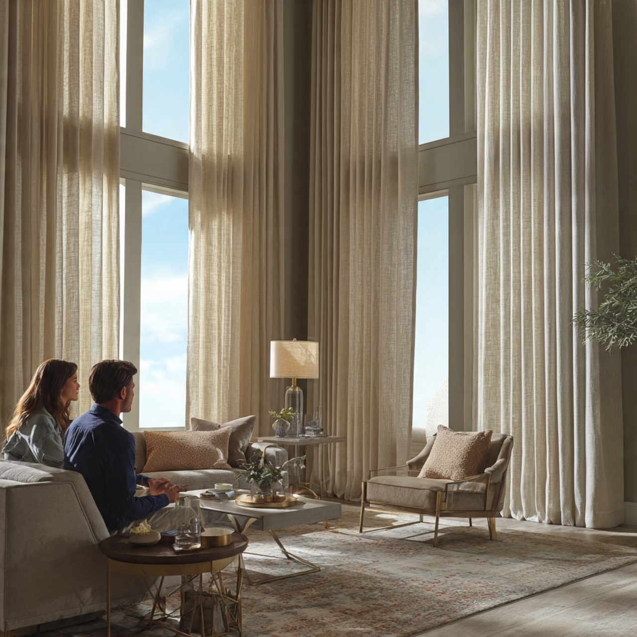 an elegant living room with custom window treatmen
