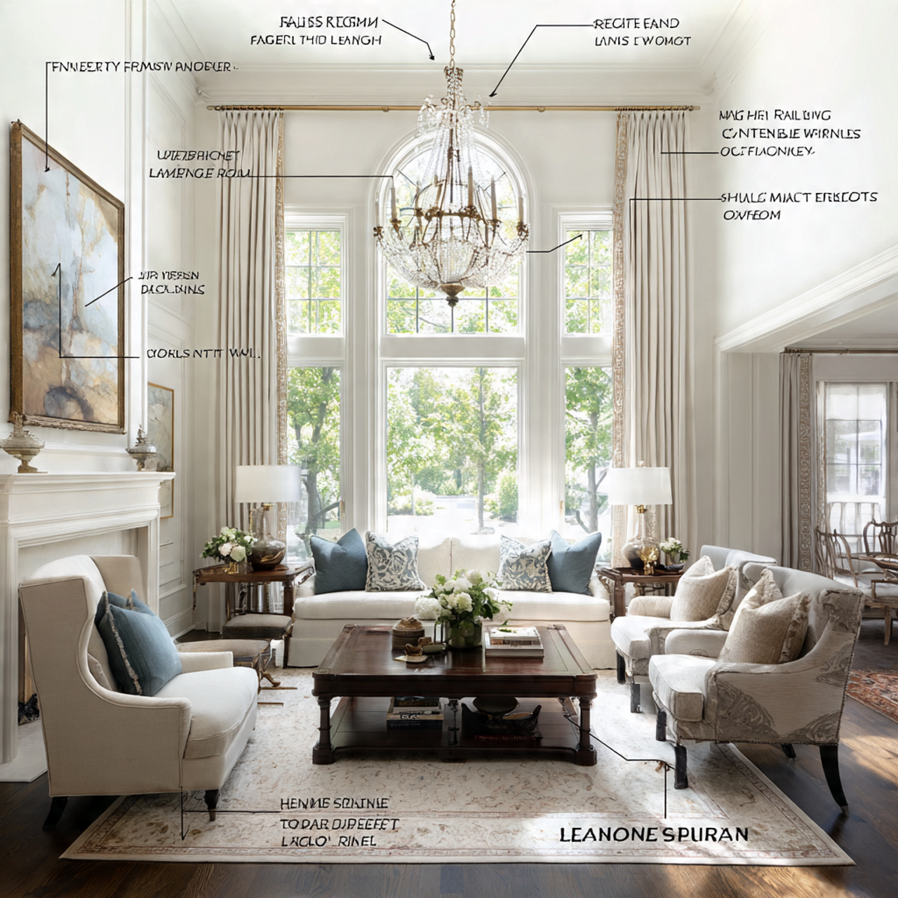 an elegant living room with tall high back sofas a