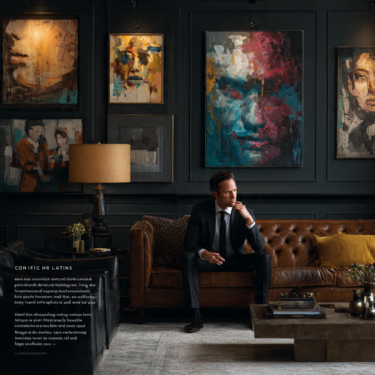 an elegant lounge style living room with moody cha