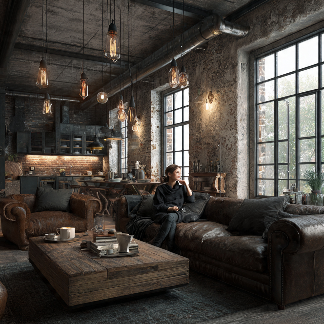 an industrial loft living room style ideas with