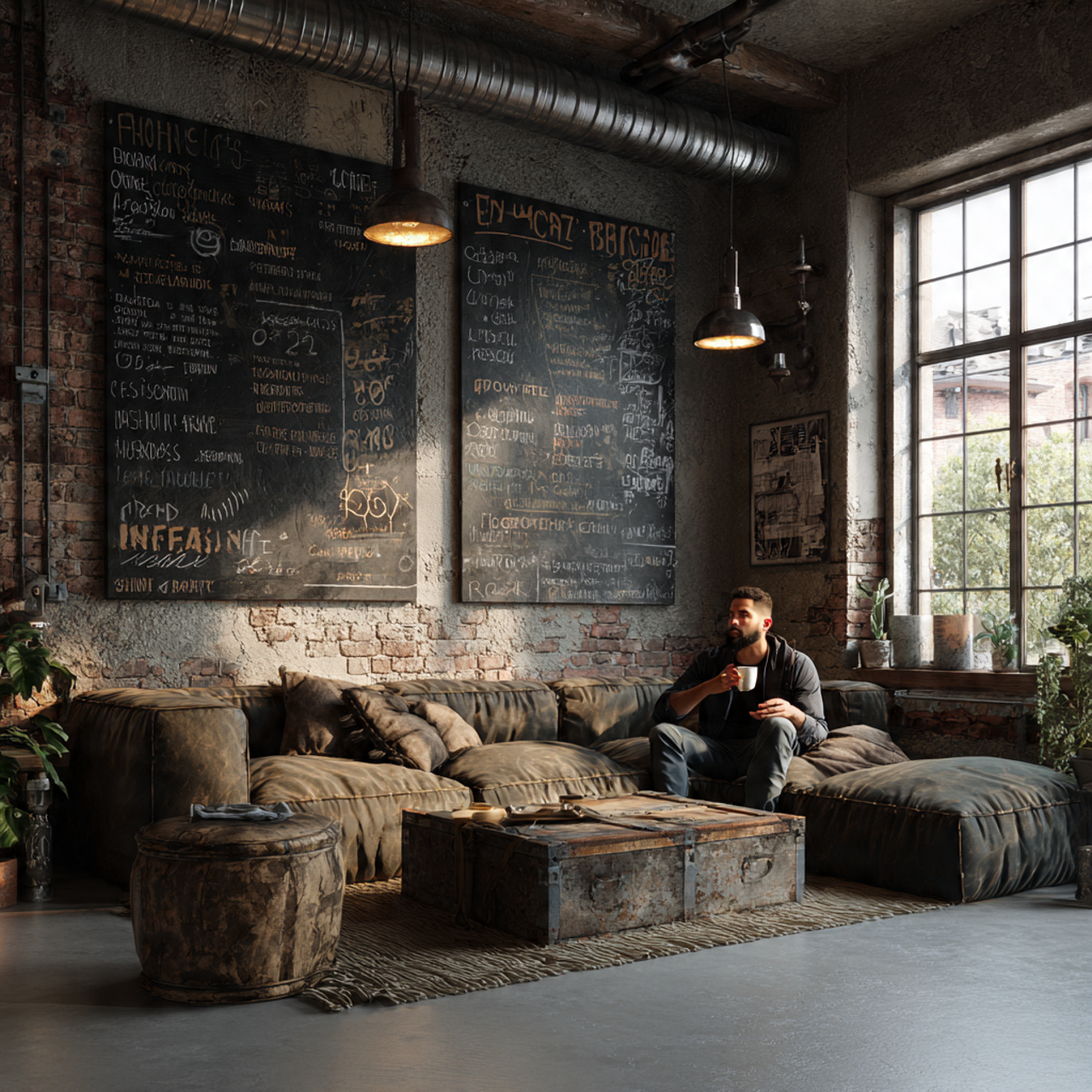 an industrial loft living room with exposed brick