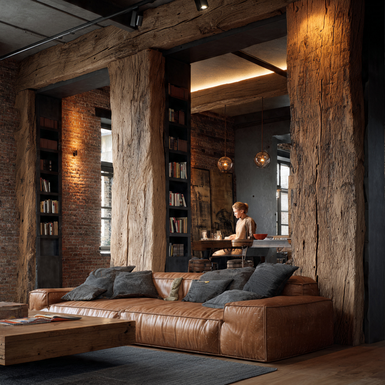 an industrial rustic living room showcasing living