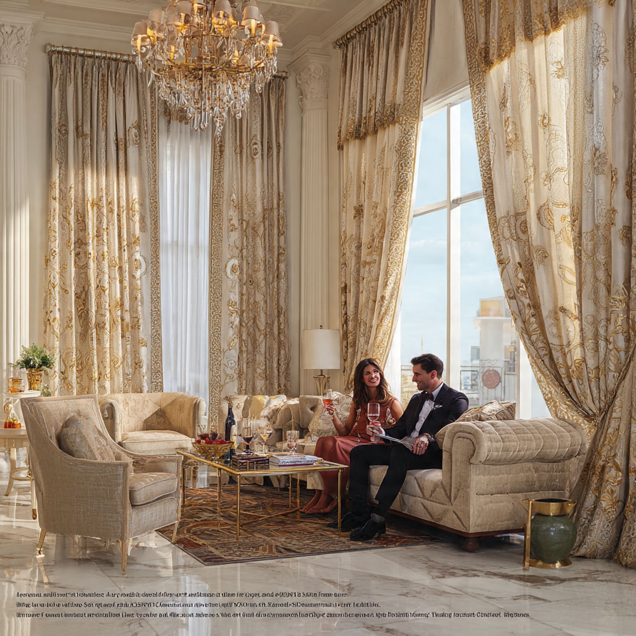 an opulent living room featuring luxe gold embroid