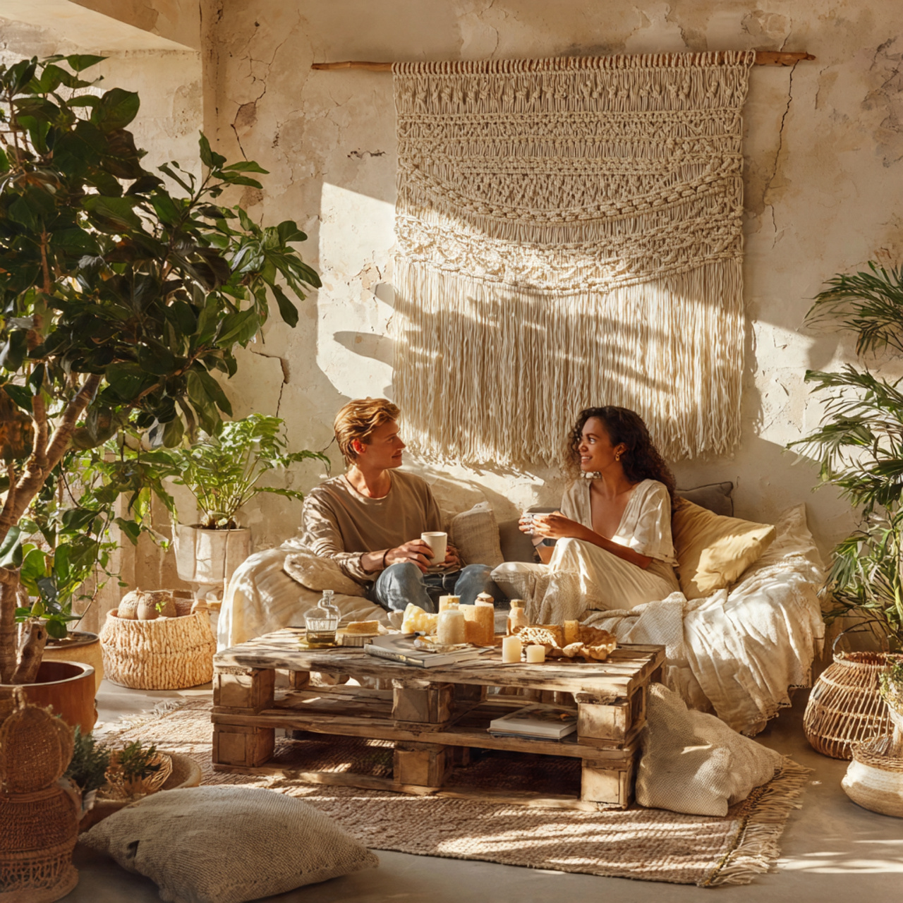 bohemian style living room featuring a handwoven m 1