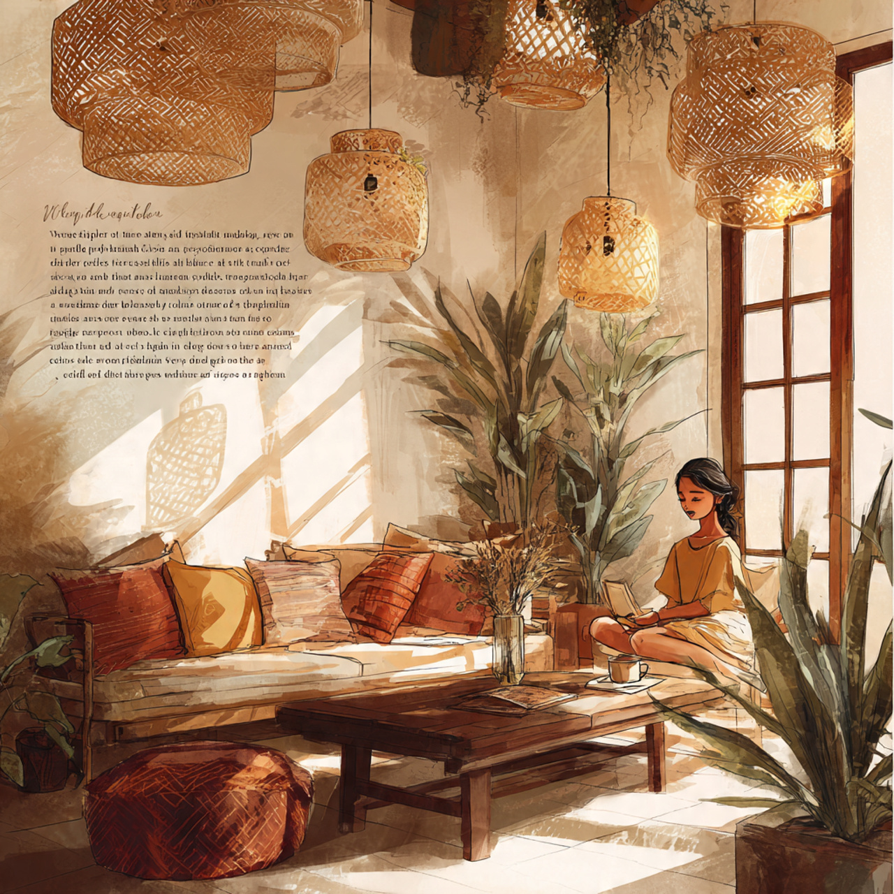 bohemian style living room featuring rattan pendan