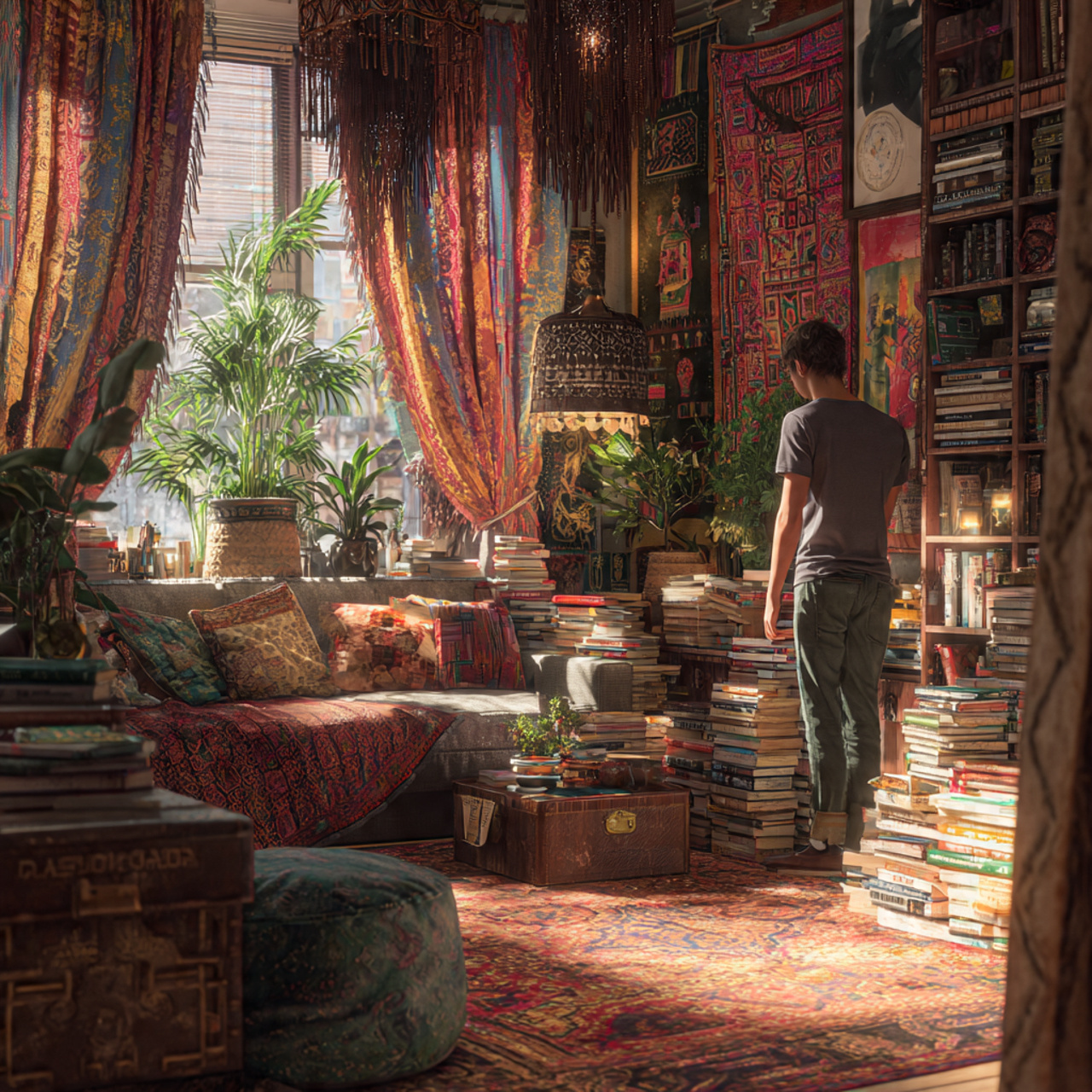 bohemian style living room with tasseled edge curt