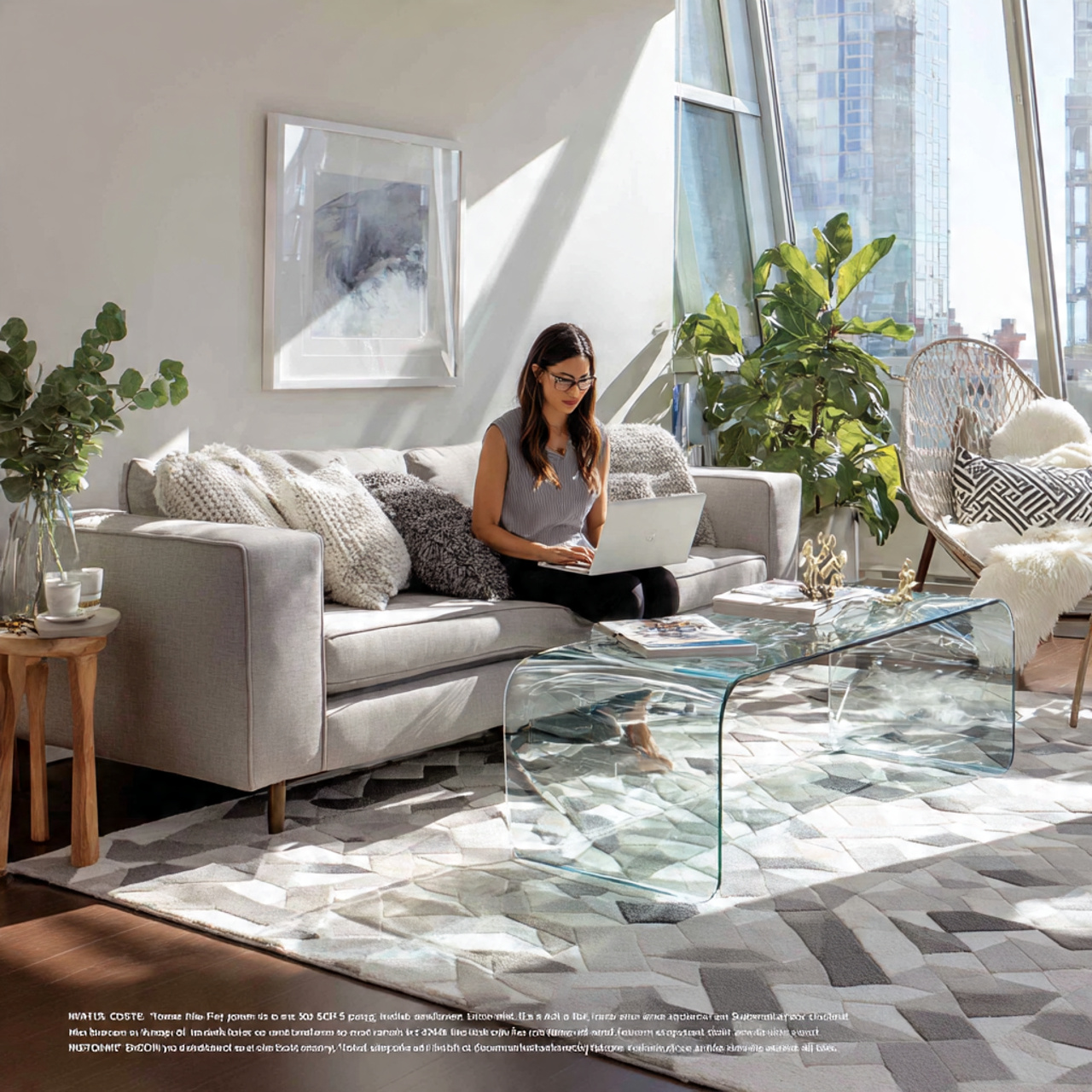 bright airy living room with a minimalist glass wa