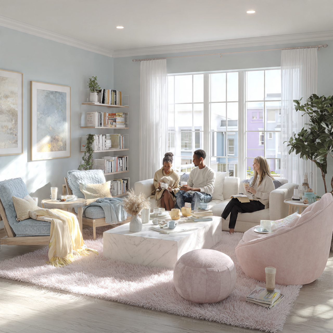 bright and airy living room featuring a soft paste