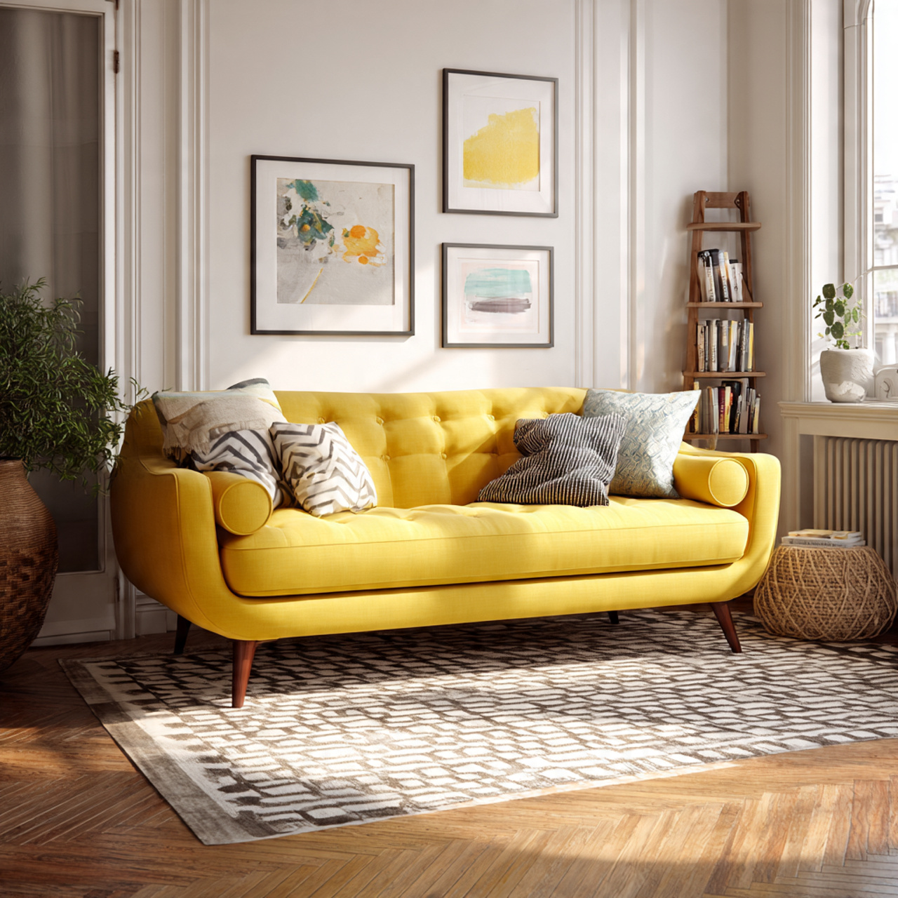 bright and playful living room featuring a retro s