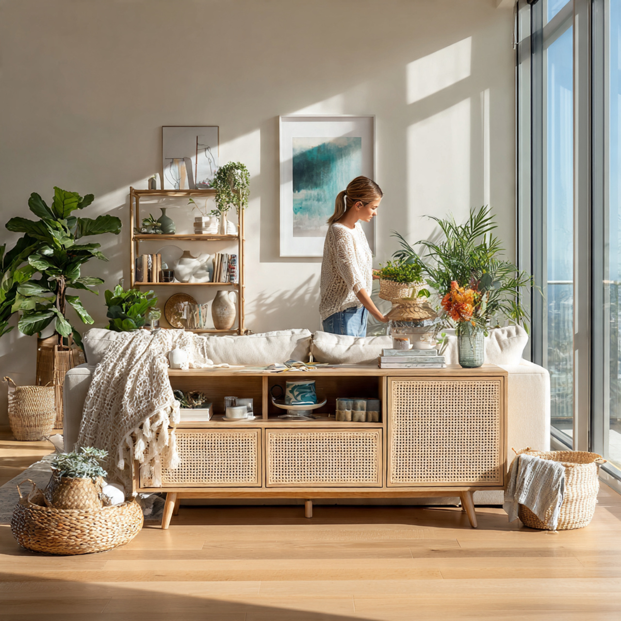 bright bohemian style living room with a cane webb