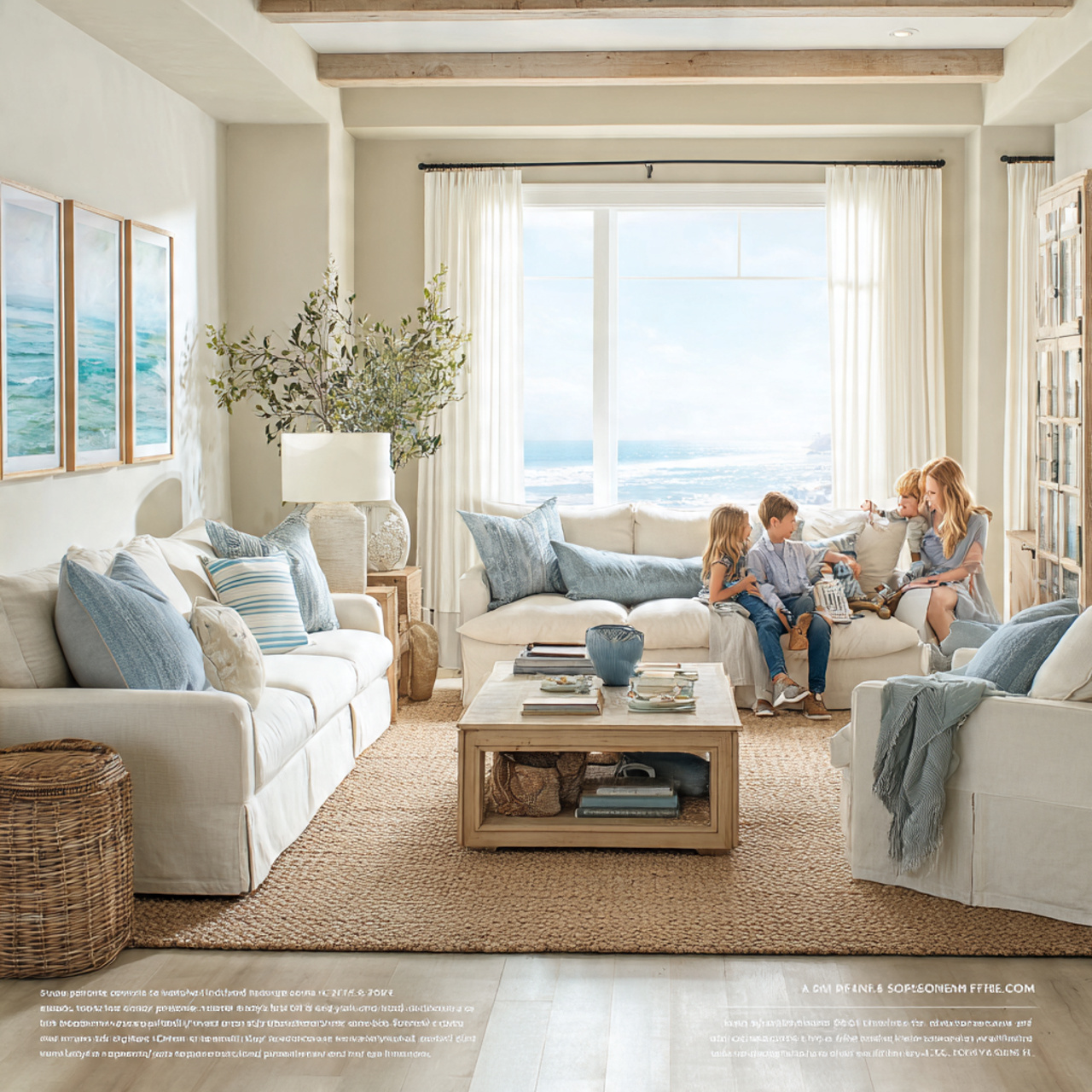 bright coastal inspired living room featuring sisa