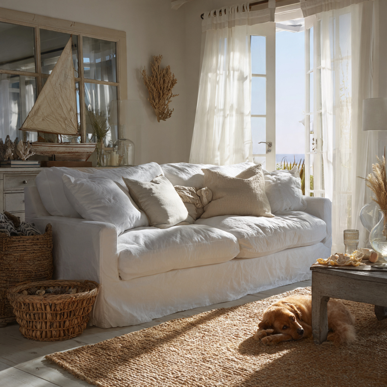 bright coastal living room with a slipcovered casu