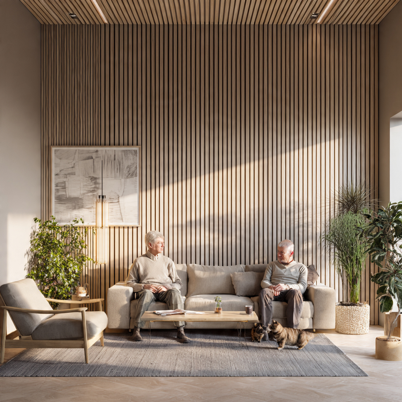 bright contemporary living room with natural wood