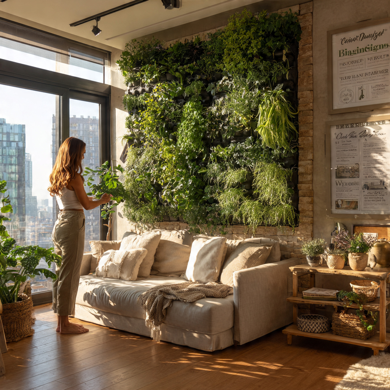 bright living room with a hanging indoor vertical 1 1