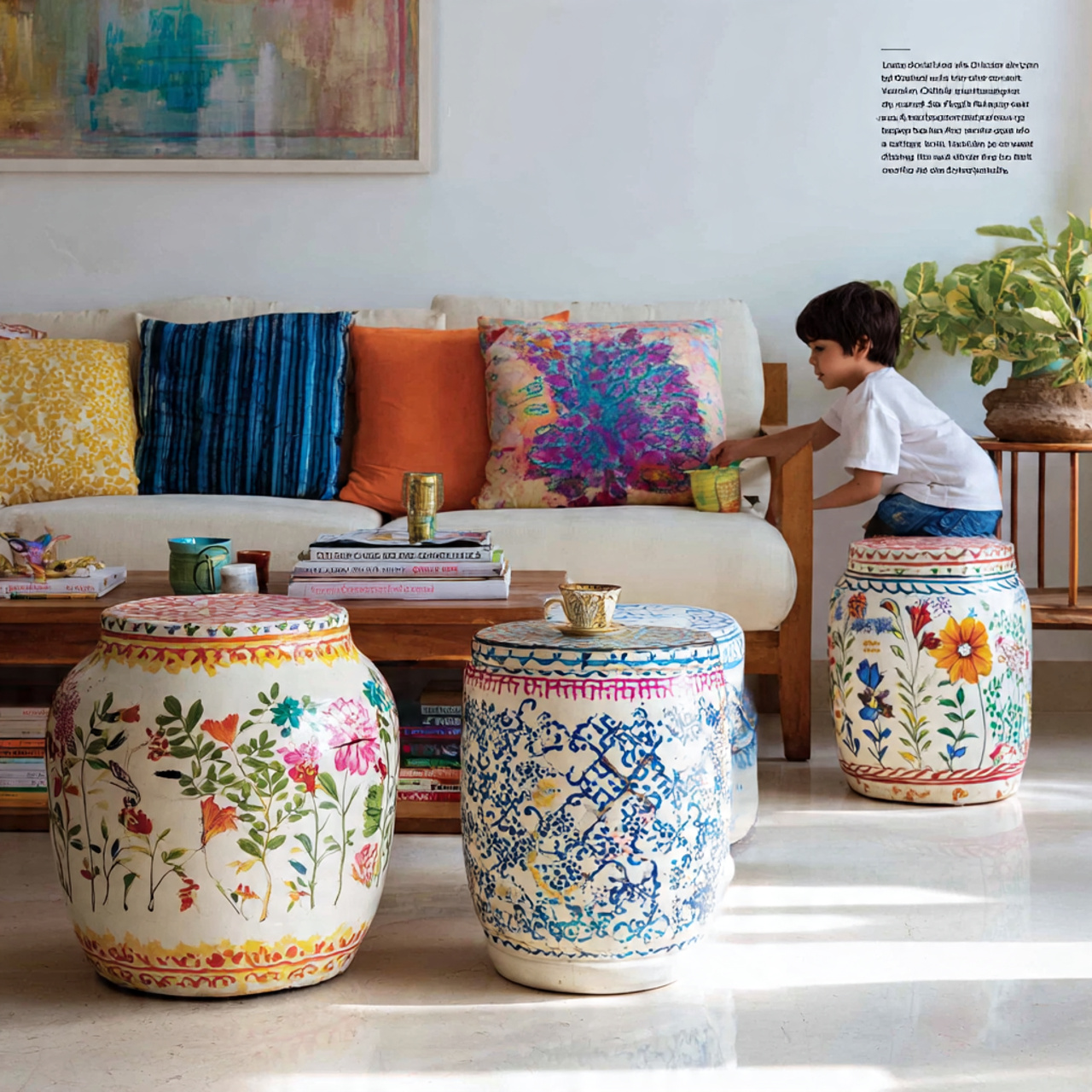 bright living room with hand painted ceramic stool