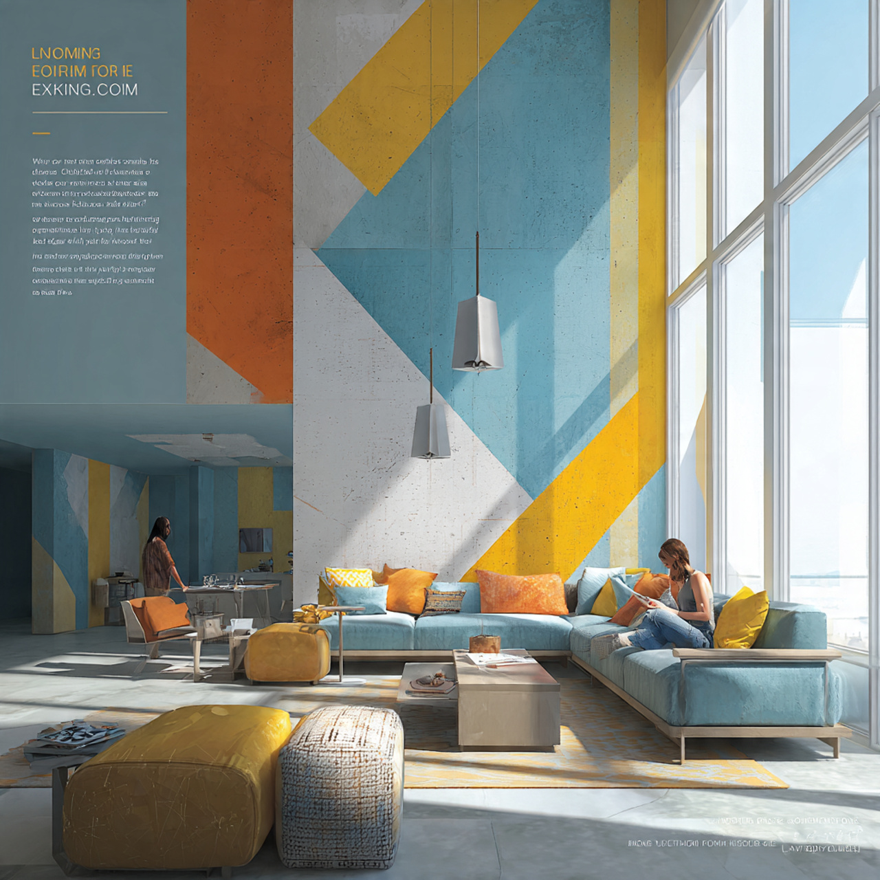 bright modern living room featuring a large wall w