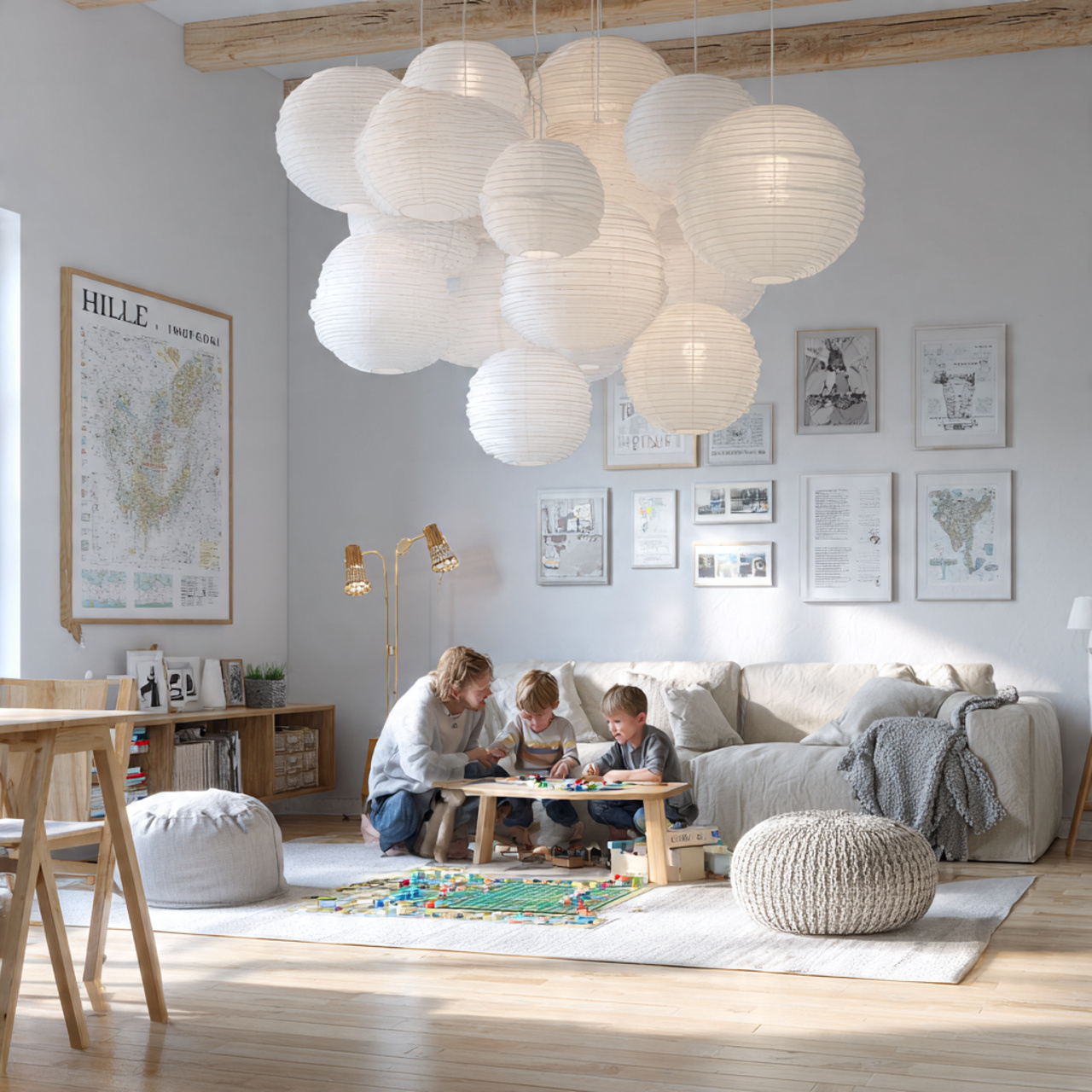 bright scandinavian style living room with cluster