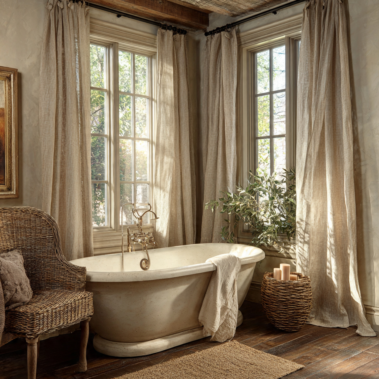 burlap window treatments in rustic bathroom decor
