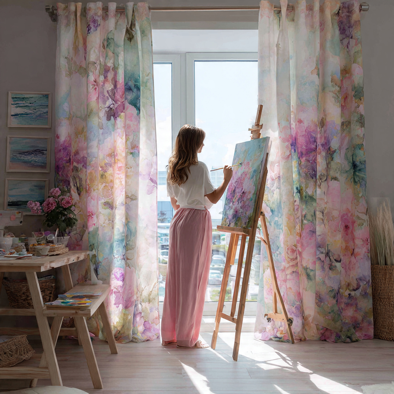 charming living room with soft pastel watercolor p