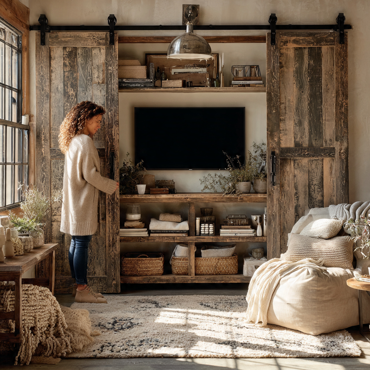 charming rustic farmhouse living room with a slidi