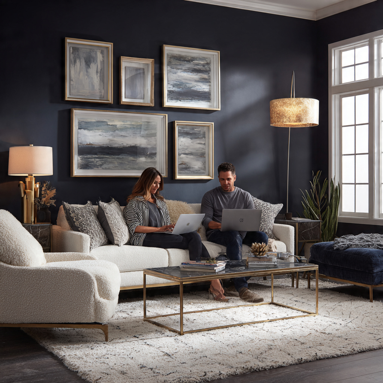 chic living room featuring a dramatic dark accent