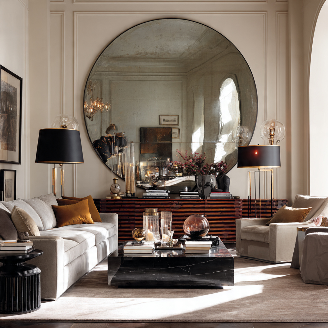 chic living room with oversized circular mirror be