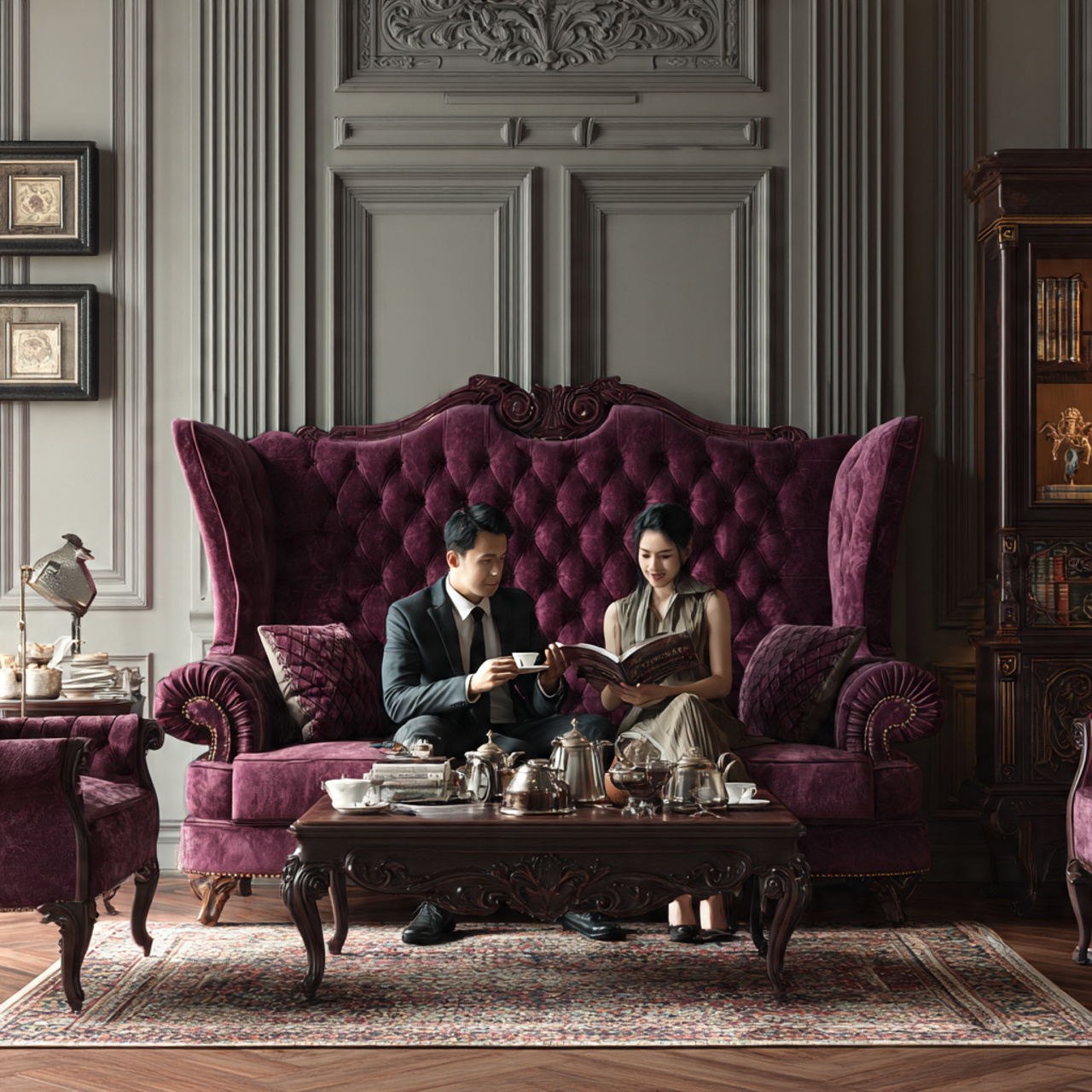 classic formal living room with a tufted wingback