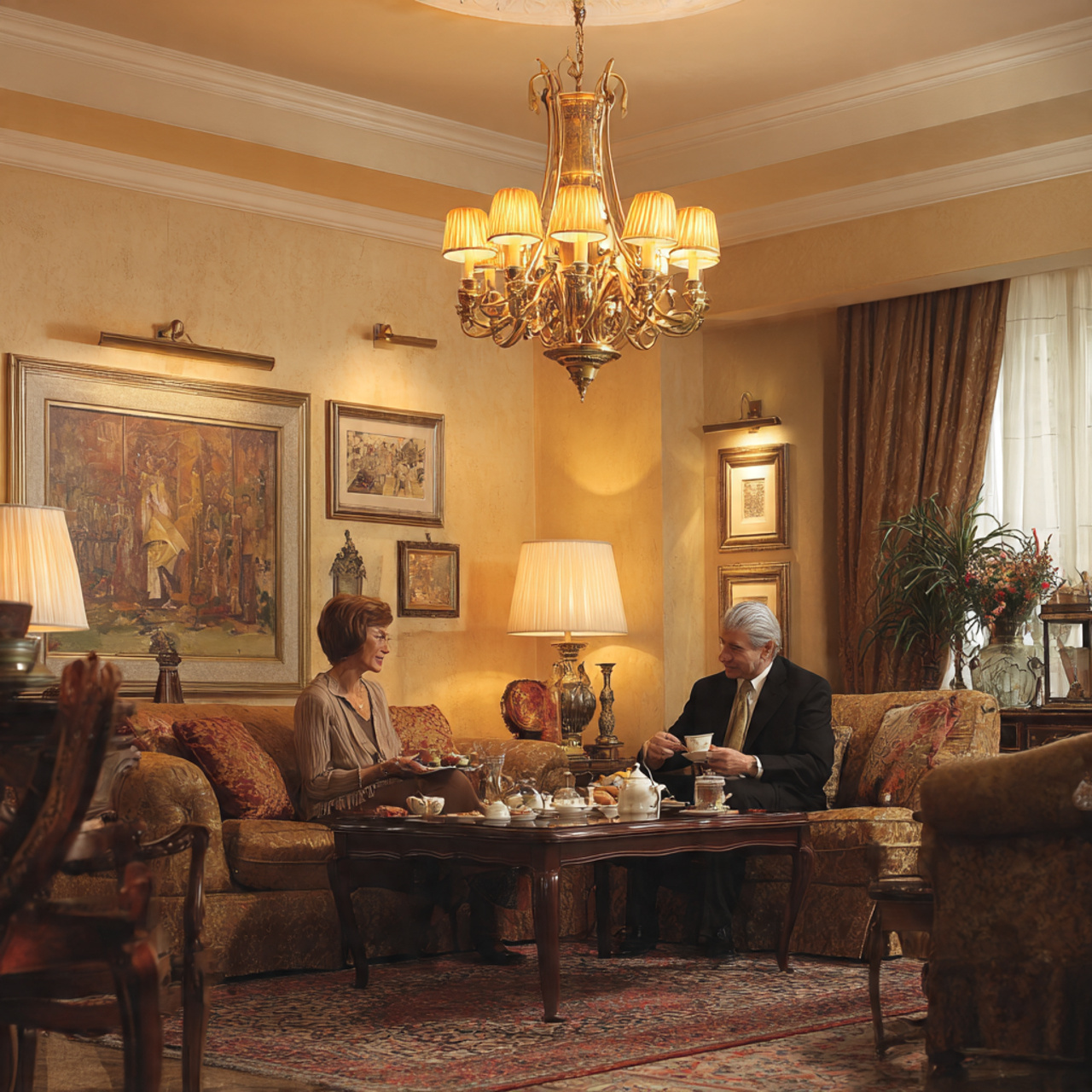 classic living room featuring a grand tiered brass 1