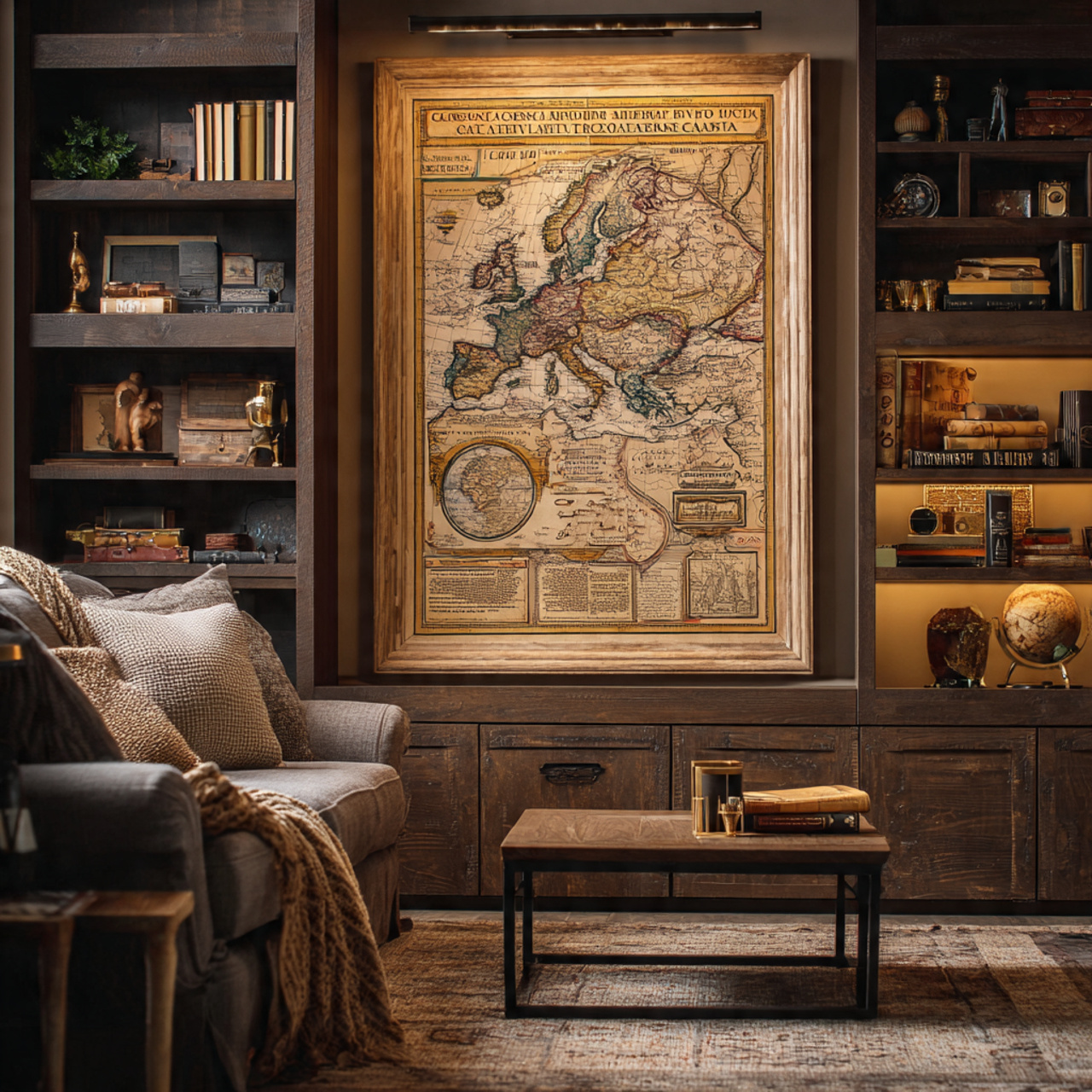 classic living room with a framed vintage map disp