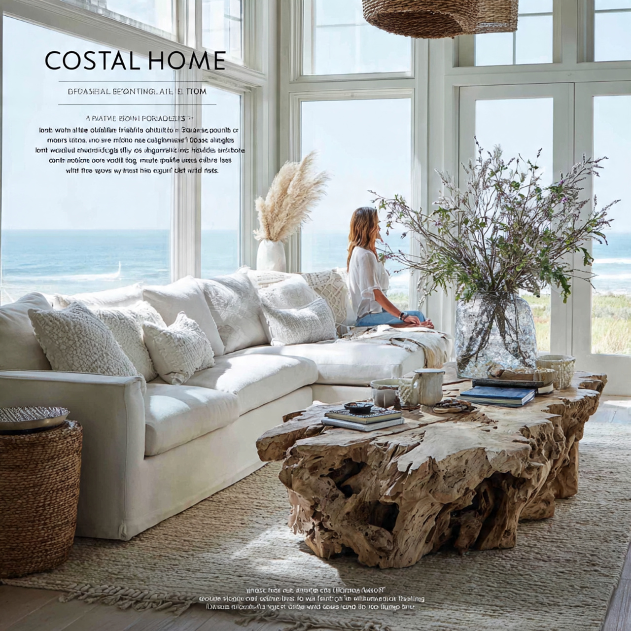 coastal style living room featuring an organic edg