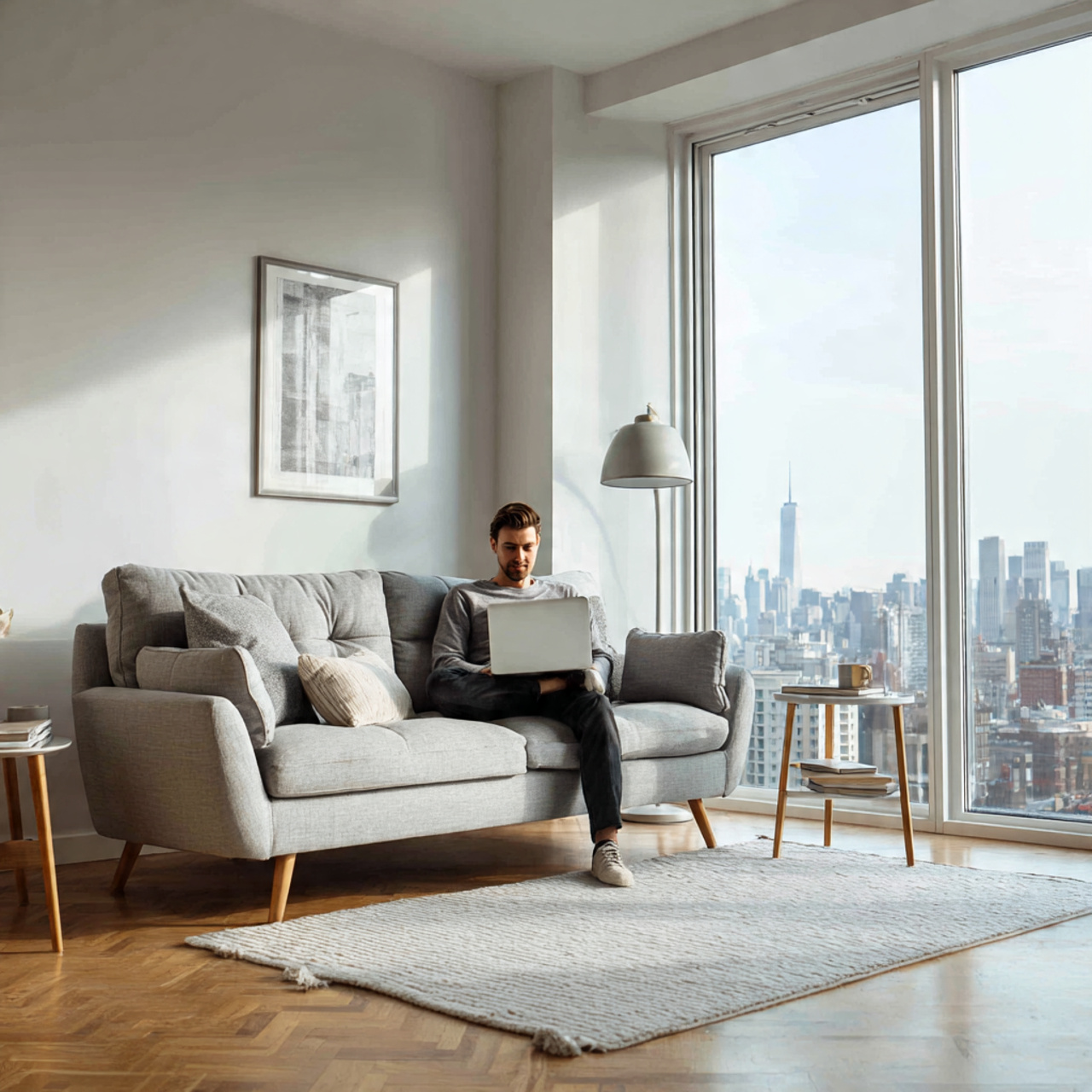 compact urban studio living room with a stylish lo