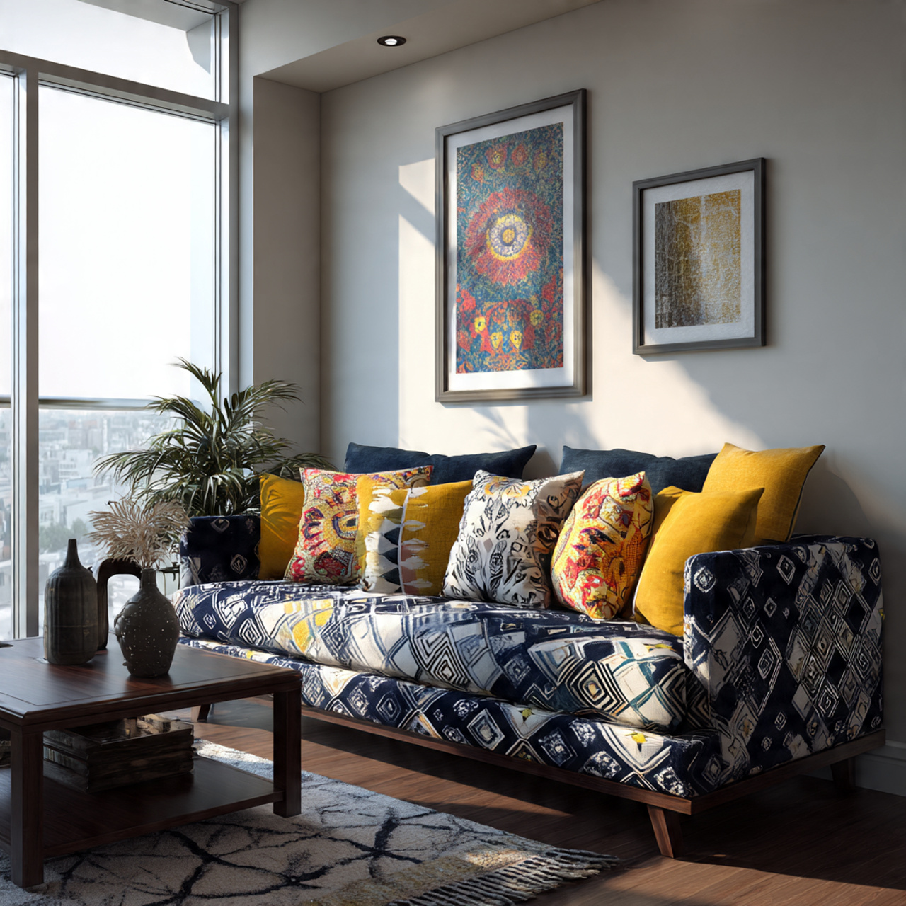 contemporary living room featuring a bold geometri