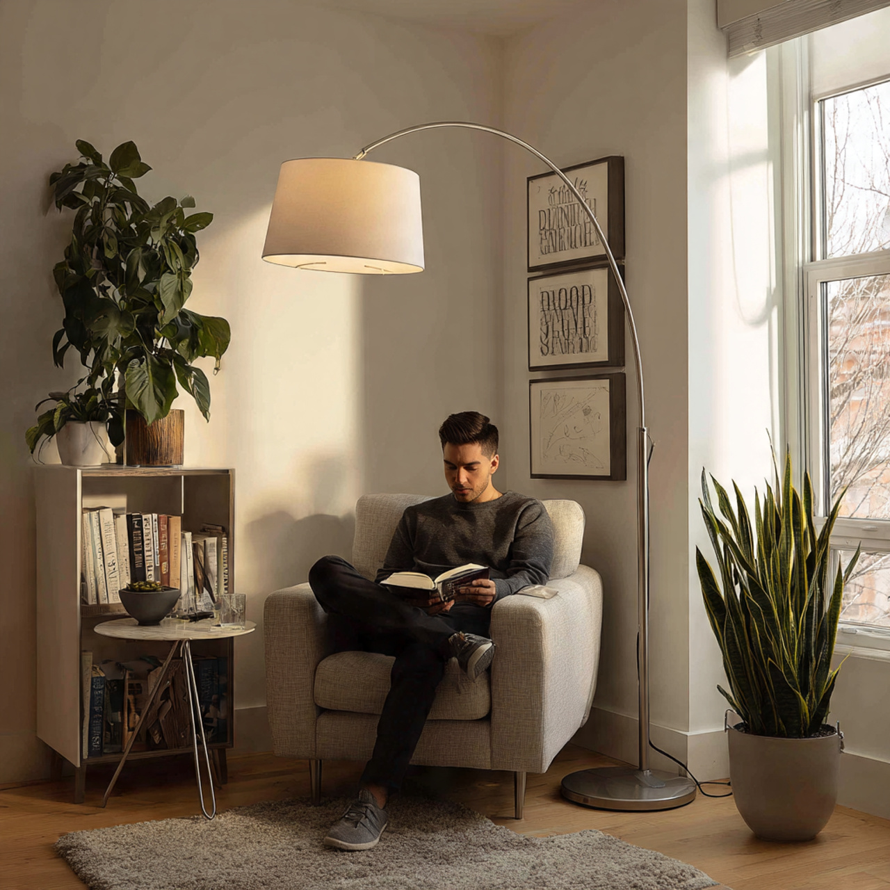 contemporary living room featuring a statement cor