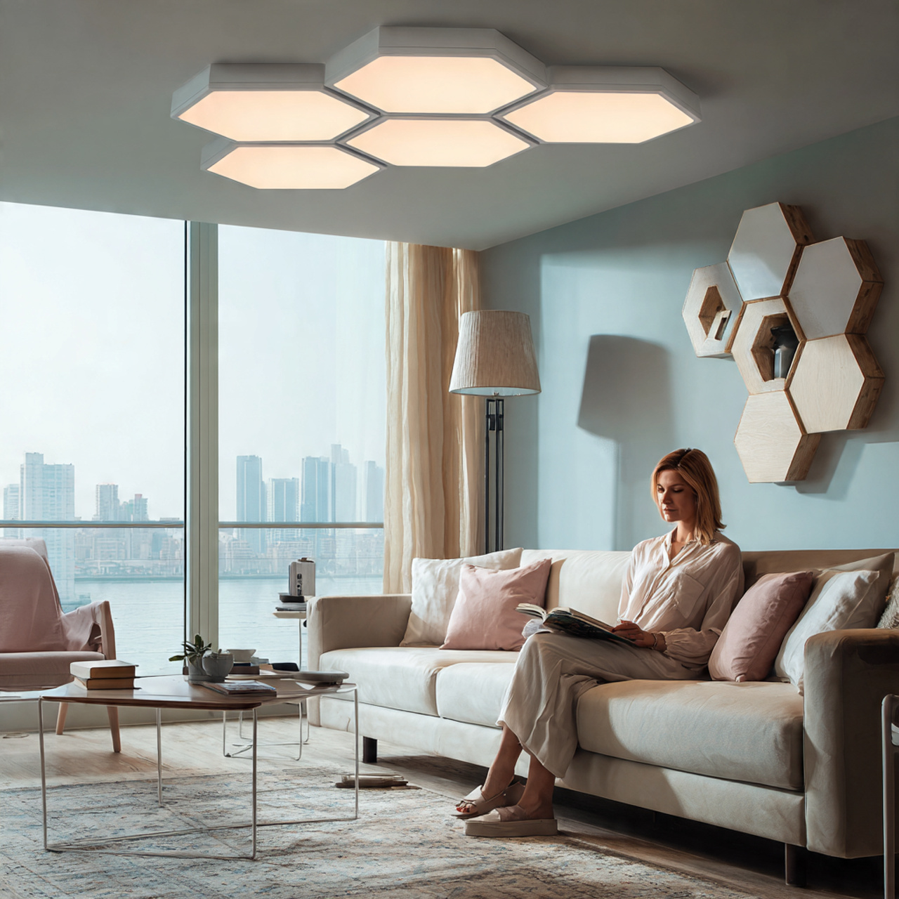 contemporary living room featuring geometric led s