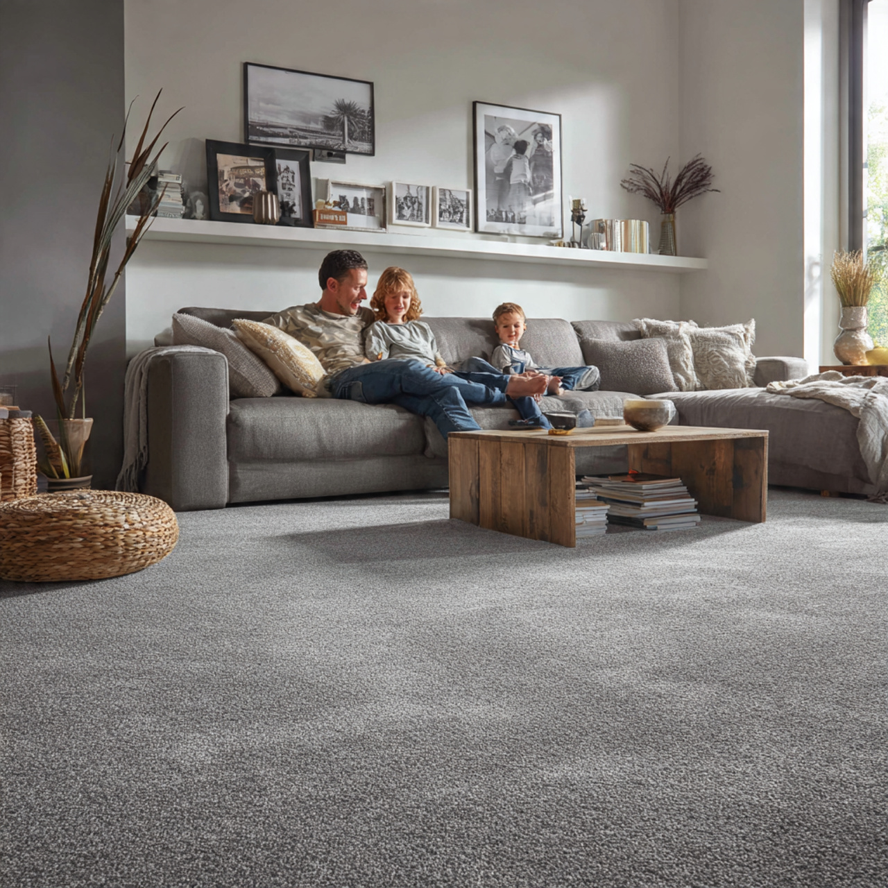 contemporary living room featuring organic stone g