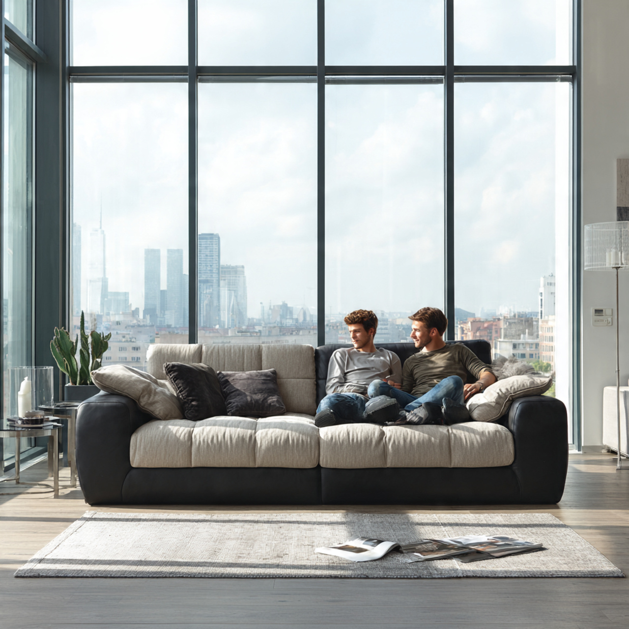 contemporary living room showcasing a two tone sof