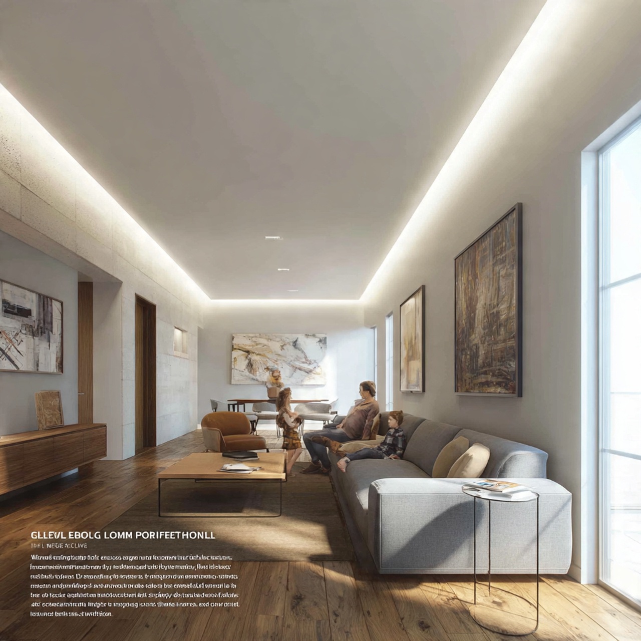 contemporary living room showcasing recessed perim