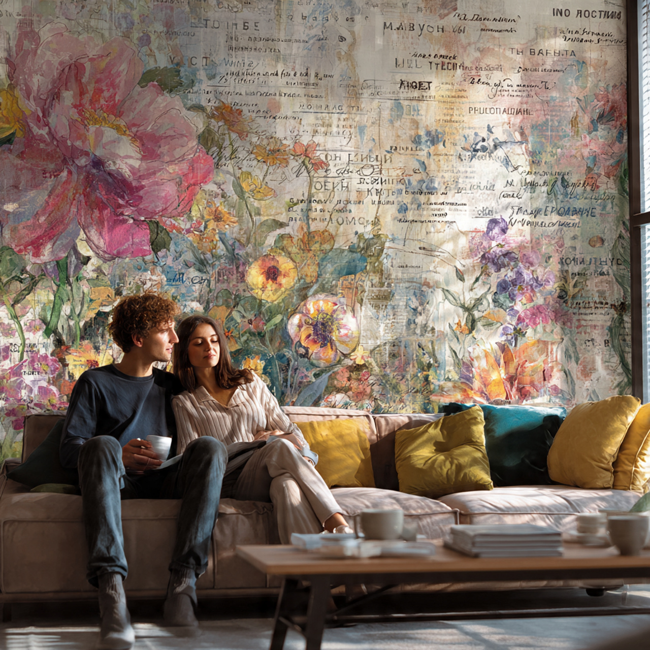 contemporary living room with a bold peel and stic