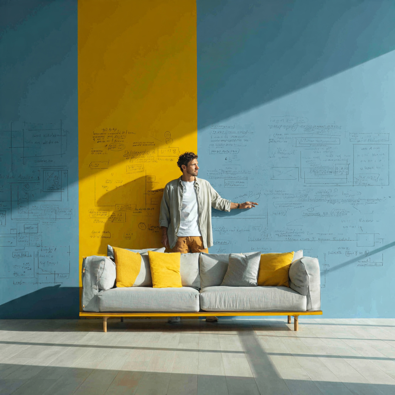 contemporary living room with a bold two tone colo