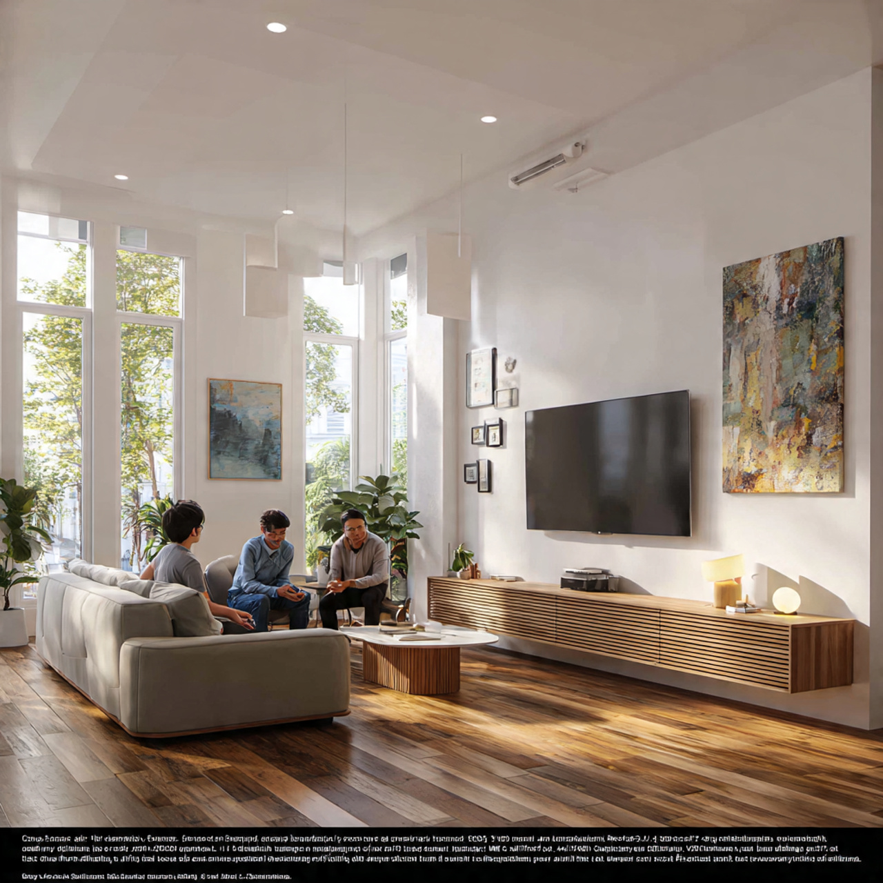 contemporary living room with a minimalist floatin