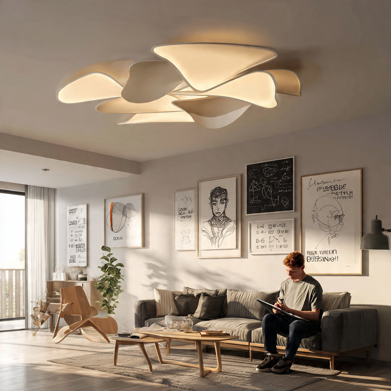 contemporary living room with abstract sculptural