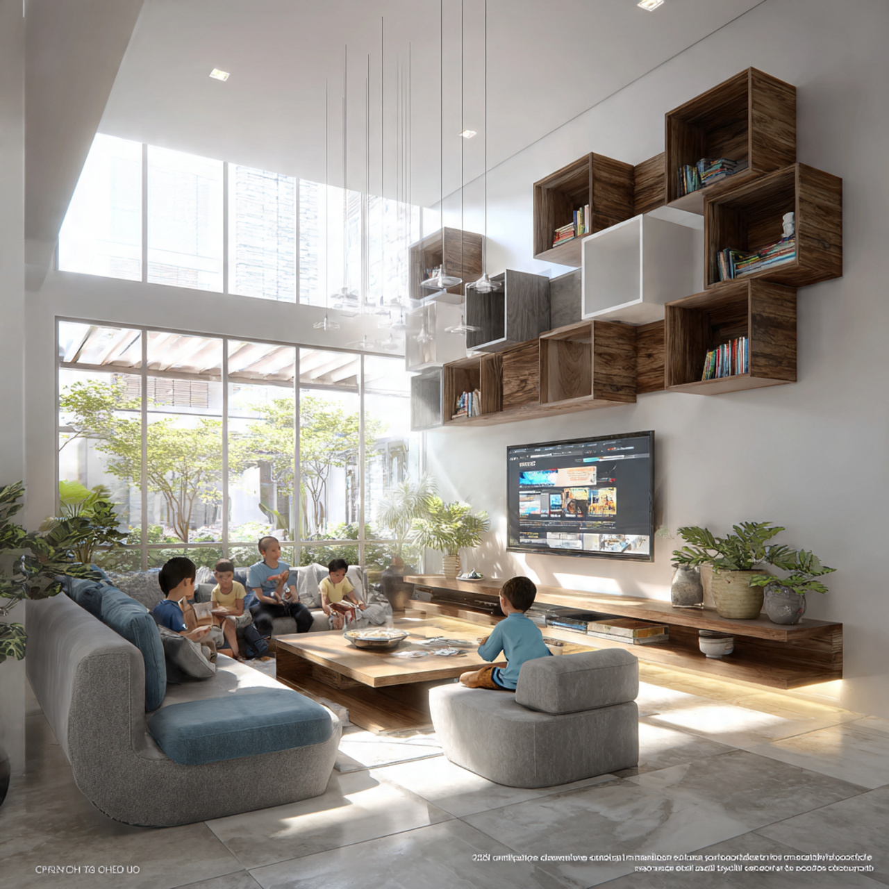 contemporary living room with asymmetrical floatin